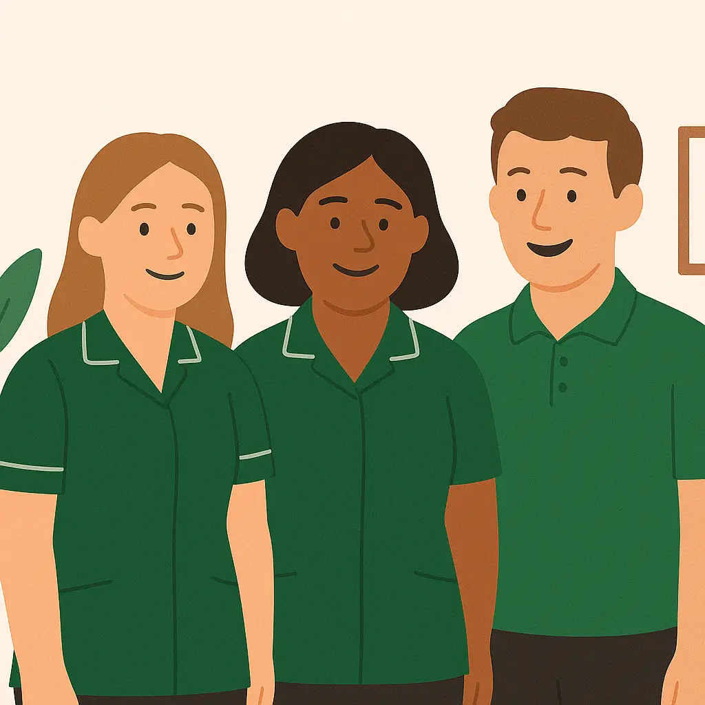 Friendly team of professional home carers smiling together.