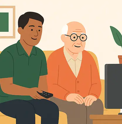 Carer watching television with an elderly man at home.